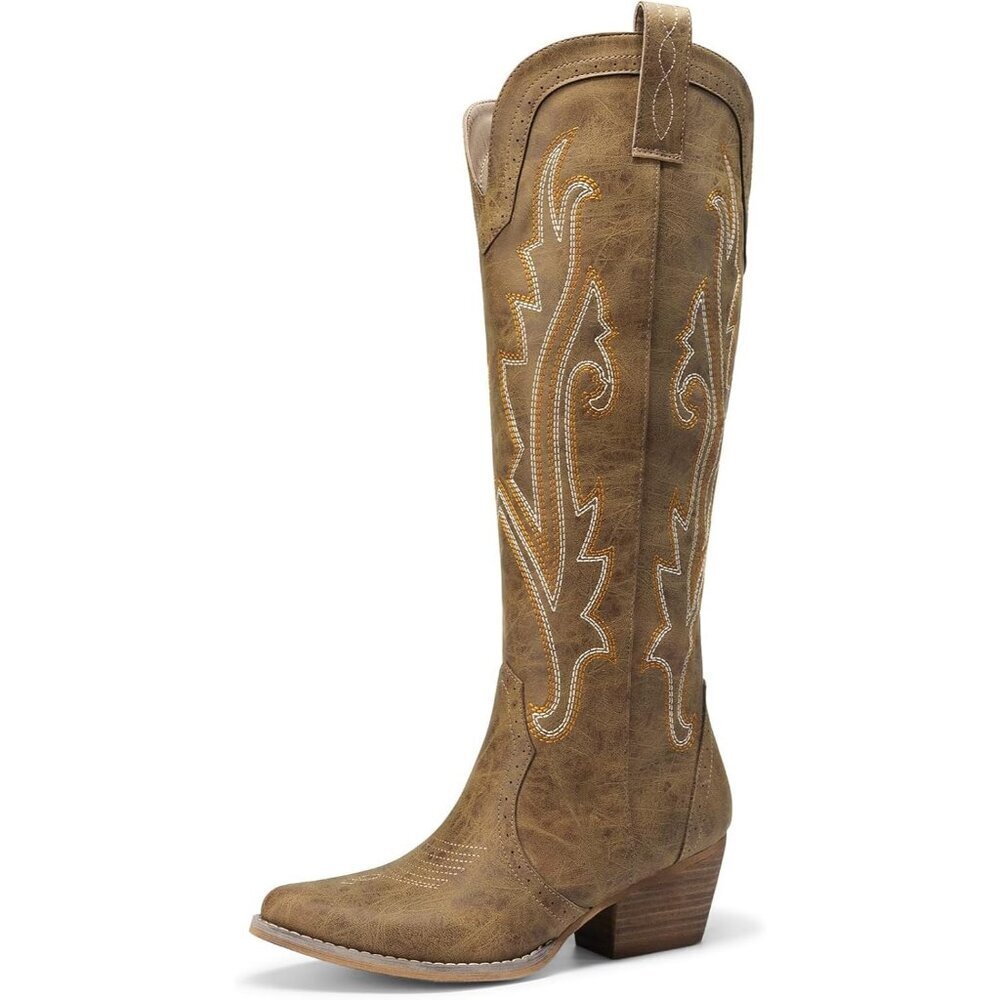 Women's Tan Rubber Embroidered Cow Girl Knee High Comfortable Chunky Boots